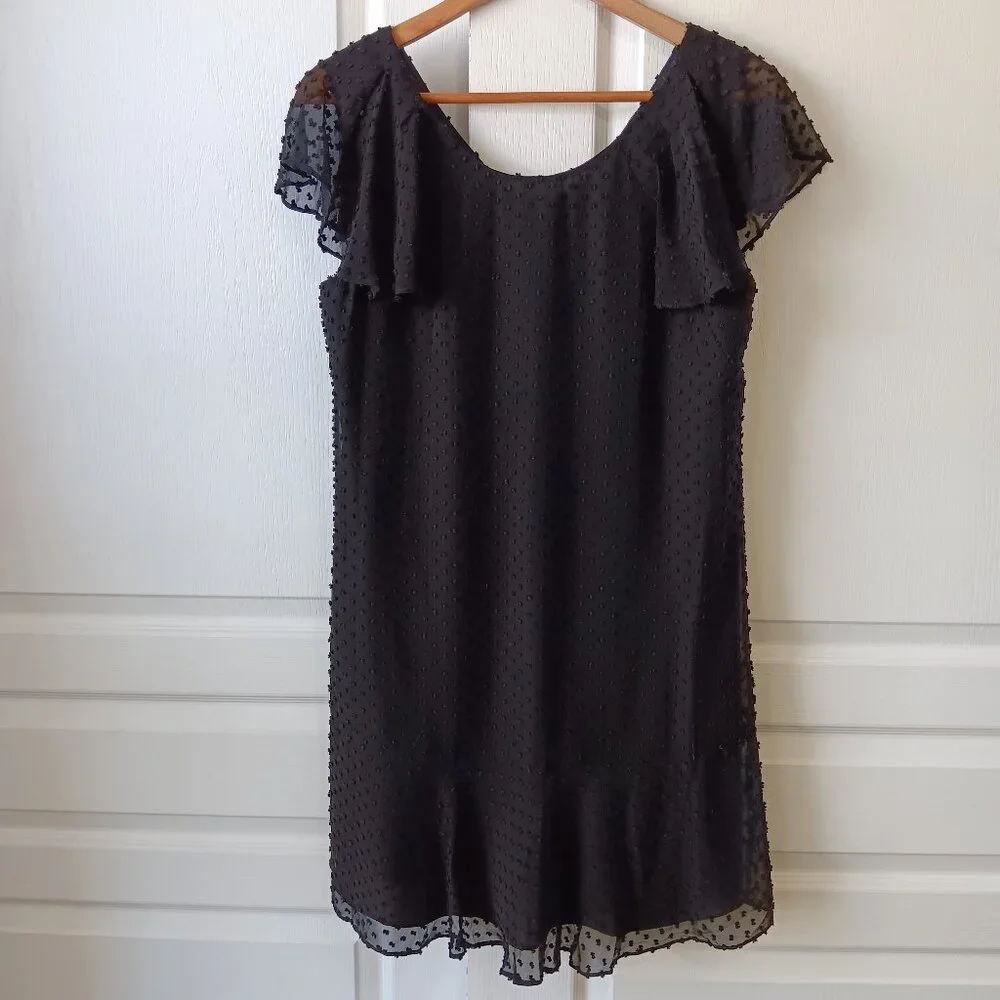 J. Crew Women's Black Silk/Cotton Swiss Dot Flutter Sleeve Flounce Dress Size 6